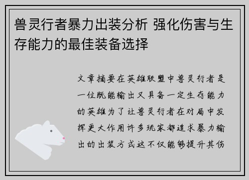 兽灵行者暴力出装分析 强化伤害与生存能力的最佳装备选择